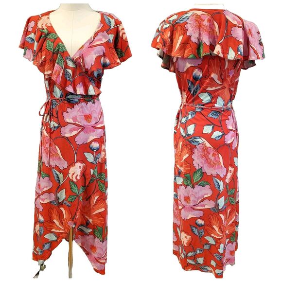 & Other Stories Dresses & Skirts - & Other Stories Red Floral Midi Wrap Dress Size US 4